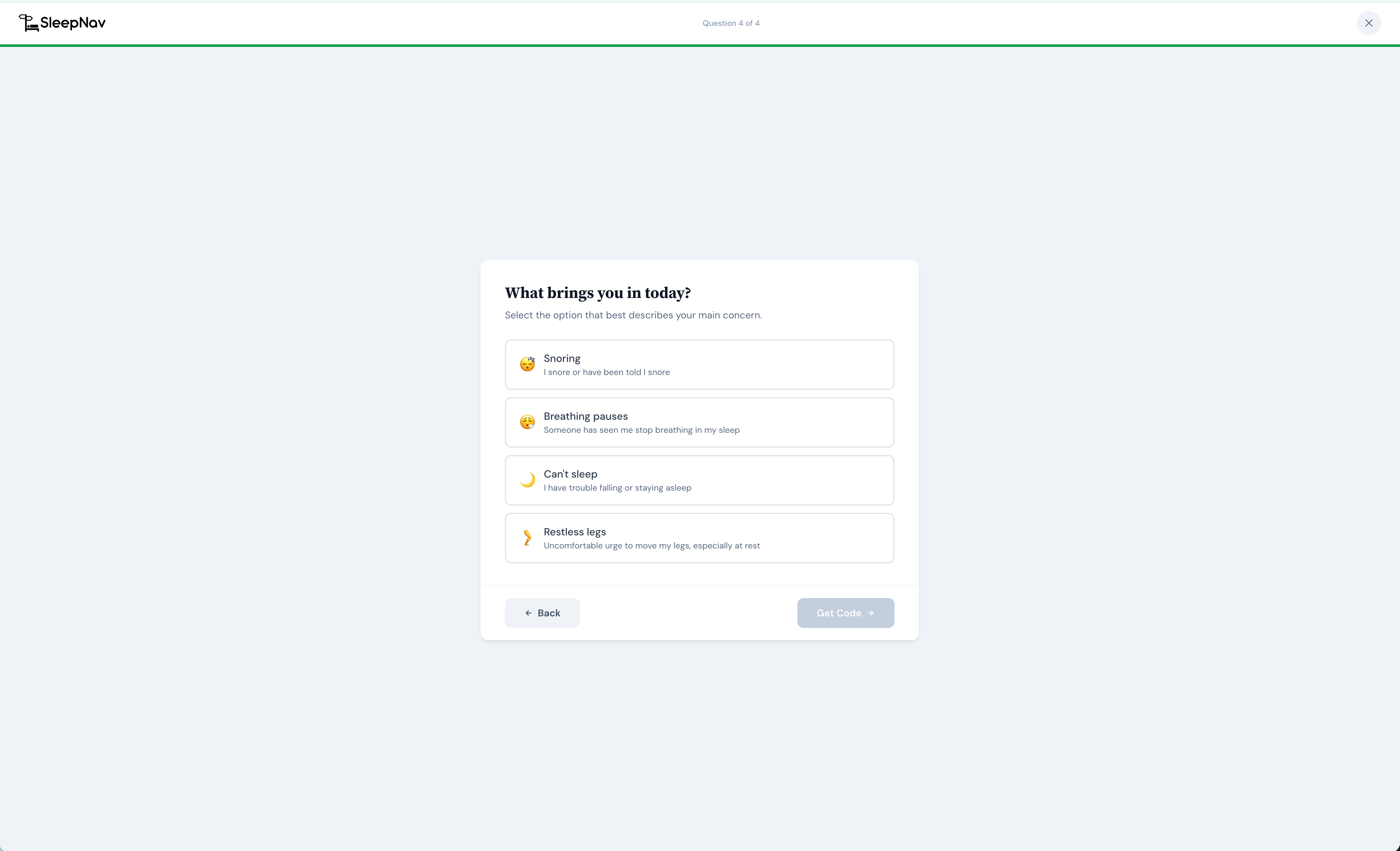 SleepNav patient screening app – landing screen showing Tired of being tired? prompt and TAP TO START button